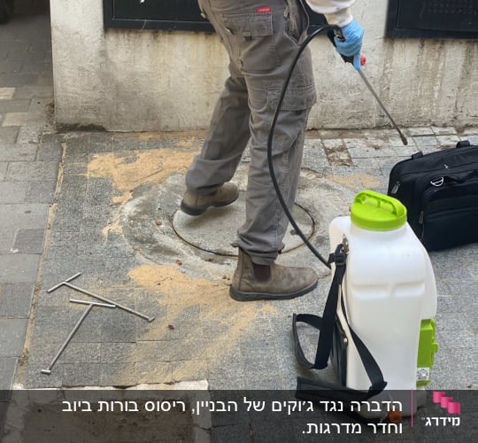 מדביר עם מיכל ריסוס וציוד עבודה